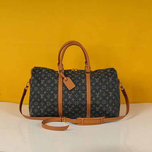 Keepall Bandoulire NBA Edition Premium Monogram Unisex Duffle Bag With Dust Bag & Accessories (Denim Brown - 684)