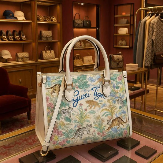 Shanghai Savanah Tiger Tote Bag With OG Magnetic Box & Dust Bag & (White - 1024)