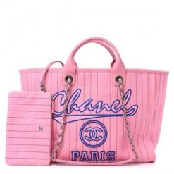 CHANEL PARIS STRIPED PINK REMUIM TOTE BAG